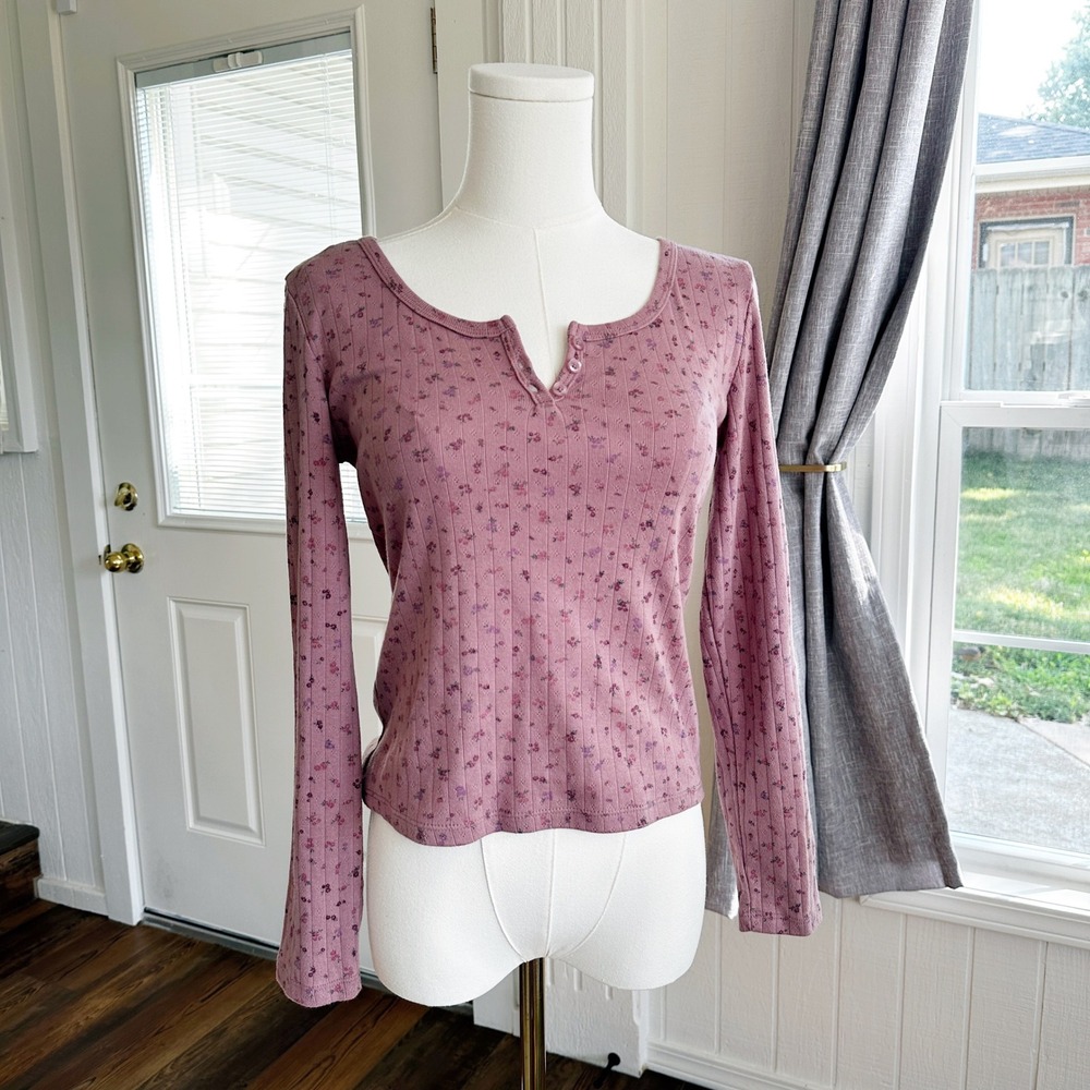 Pink Republic Women Henley Top S Mauve Ditsy Floral Pointelle Ribbed Long Sleeve